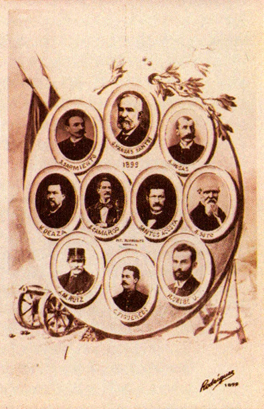 MELITON RODRIGUEZ.
Mosaico de generales liberales
participantes en la guerra. Medellín, 1 1899.
Copia reciente de negativo gelatina vidrio.
18.2 x 11.4 cm.
Archivo Fotografía Rodríguez, Medellín.
