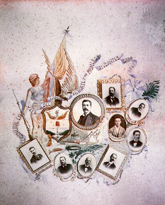 ANONIMO.
Mosaico del general en jefe del
Ejército del Norte y sus primeros
Ayudantes. 1900.
Dibujo de Antonio María Gonzáles.
58.5 X 47.0 cm.
Propiedad María Consuelo Torres,
Bogotá.