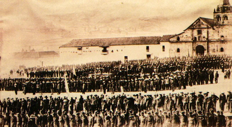 QUINTILIO GAVASSA. Formación de los batallones Pamplona, Pamplonita, Páez, Patriota y Escuadrón Sucre. Pamplona. 1900. Copia reciente. Propiedad Edmundo Gavassa Villamizar, Bucaramanga.
