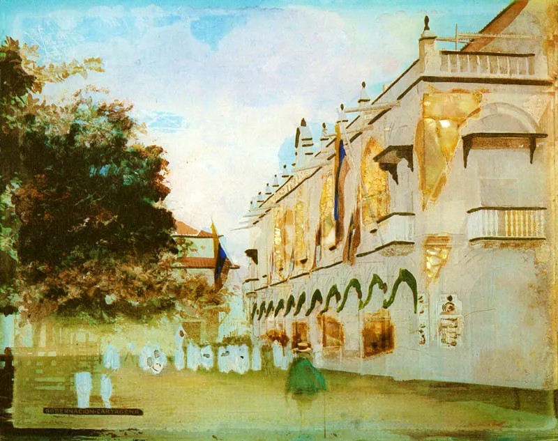 ANONIMO. Gobernación de Cartagena. 1915c. Acuarela sobre negativo gelatina vidrio con aplicaciones en concha de nácar. 20.3 x 25.3 cm. Propiedad Enrique Grau, Bogotá.
