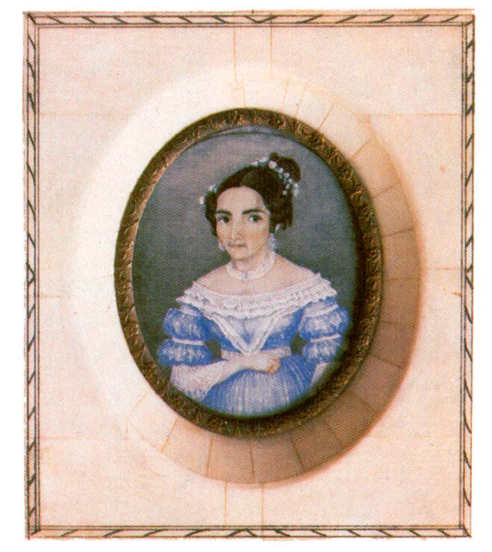 J.M.D. MUOZ.  Retrato femenino. Bogot. 1830c. Oleo sobre cartn. 7.0 x 3.5 cm. Coleccin Fondo Cultural Cafetero, Bogot. 