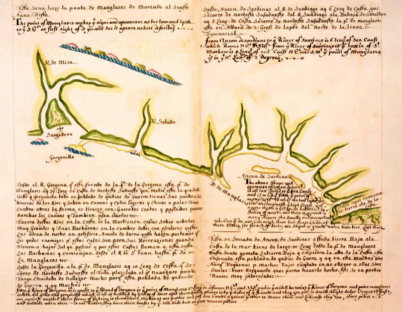 Copia fotográfica del
mapa esbozado por
William Hack en su
diario, durante el viaje
efectuado a finales del
siglo XVII desde Acapulco
hasta el estrecho de
Magallanes.
En el dibujo se puede
apreciar la visión carto
gráfica del expedicionario
inglés desde el delta del río
San luan, inclui5das las
bahías de Málaga y
Buenaventura en Colom
bia (Surgidero), hasta el
Río Verde, con la bahía de
Ancón de Sardinas, en
Ecuador.
William Hack, siglo XVII,
Sloane 44. Libro de
borradores, British
Museum, Londres.
Las observaciones de Hack sobre la distribución de los manglares en el Pacifico colombiano (líneas verdes), es bastante precisa.
Se puede apreciar que éstos se desarrollan a lo largo de la costa y de los riós influenciados por mareas?manglares ribereños?.
Los manglares costeros están protegidos del embate directo del mar por barras arenosas (líneas punteadas amarillas), y conforman el manglar dominante en ésta región del país.