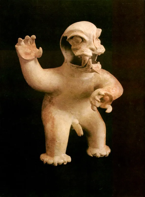 Esta Magnífica pieza
cerámica de representa-
ción antropozoomorfa,
muestra el relevante papel
cumplido durante los
Desarrollos Regionales
por la figura sagrada del
Jaguar, en la región
pacifica Tumaco?La Tolita.
El hombre?jaguar personi-
ficó en una sola realidad lo
divino, lo sagrado, lo
terrestre y lo humano. Fue
símbolo del poder y del
conocimiento; eje central
de la organización
chamanística entre
hombre y naturaleza.