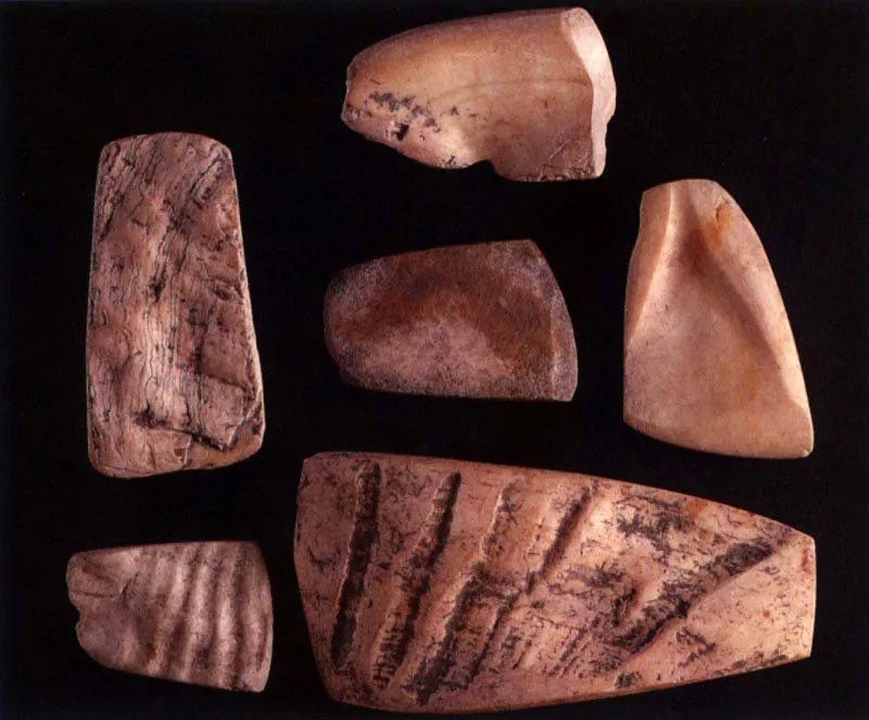 Hachas bifaciales de hoja cortante elaboradas en concha marina, recuperadas en la isla de Salamanca.