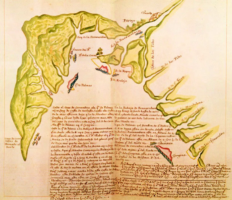 Carta geográfica de las costas colombianas realizada por William
Hack a finales del siglo XVII. Esta incluye la región Pacífica entre Cabo Corrientes en Colombia y río Esmeraldas en Ecuador.
William Hack, libro de borradores, Harl 4034, Sloane 44, British
Museum, Londres.