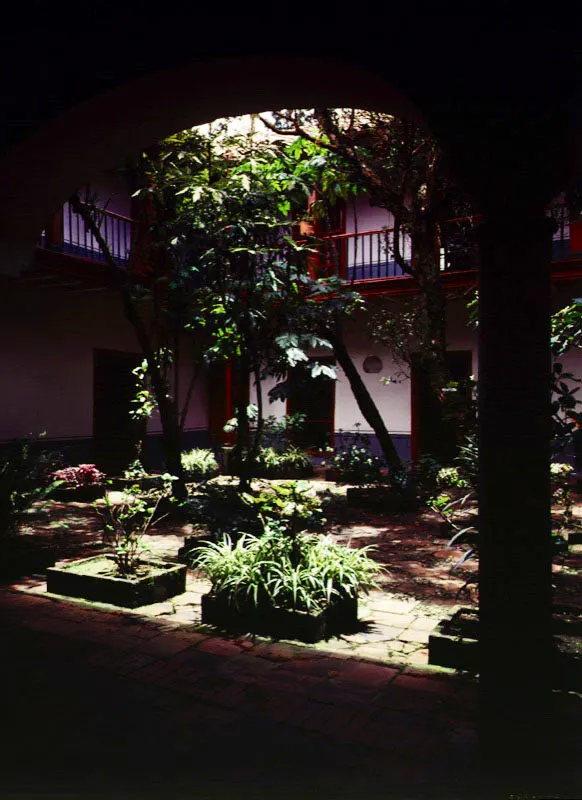 Instituto de Cultura
y Turismo, Bogotá. Las más acaudaladas e importantes familias bogotanas habitaban en casa de dos pisos. El segundo piso era símbolo de status. En estas casas el patio cumplía una función diferente al de las casas más modestas de un solo piso. En el nivel de la calle solamente se encontraban locales comerciales y dependencias de servicio. La casa propiamente dicha ocupaba el segundo piso.
Debido a esta circunstancia, el patio y su vegetación eran para ser apreciados desde los corredores y aposentos del segundo piso pero no constituían un espacio de uso cotidiano, como sí sucedía en la casa de un piso.
Los habitantes de estas casonas solían instalar grupos de muebles cerca a las ventanas y balcones del segundo piso que miraban al exterior, y la contemplación de la actividad callejera, tras el velo protector de los visillos, reemplazaba el disfrute privado del patio.
Claudia Uribe Touri