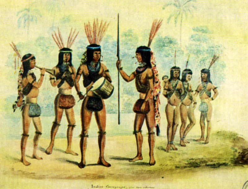 Indios Coreguaje con sus adornos. Manuel María Paz, 1857.
Acuarela sobre papel. 23.8 x 31 cm. Biblioteca Nacional, Bogotá. Jeremy Horner