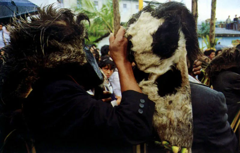 Las máscaras negras de la danza de los Sanjuanes de los indios Camtzá, Putumayo, con desordenadas cabelleras de fique o pieles de animales, representan la resistencia de los indios Pastos a los Incas. Miles de Pastos murieron en Yahuarcocha, o “Laguna de sangre”. La rebeldía india frente a los “blancos” permeó también la expresión agresiva de las máscaras. Jeremy Horner