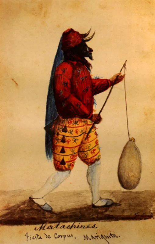 Cucambas y matachines. Fiesta de Corpus Christi en Mariquita. José María Gutiérrez de Alba, 1874. Acuarela sobre papel blanco. 17 x 10.4 cm. Colección particular, Bogotá. Jeremy Horner