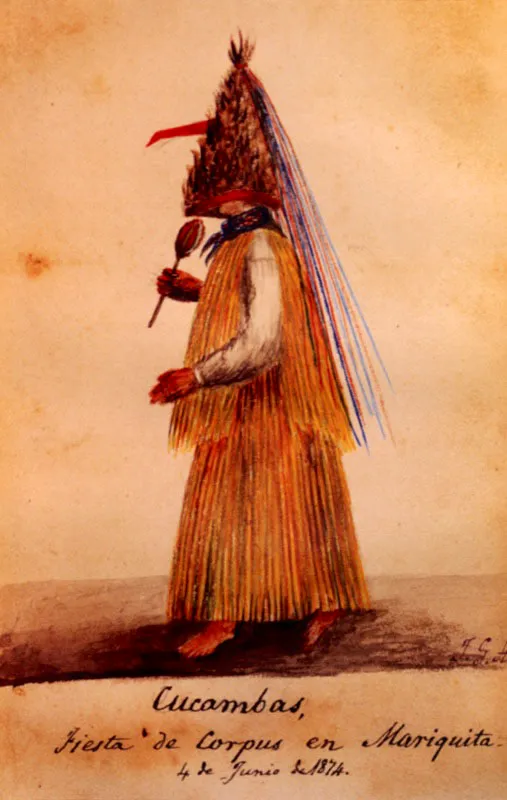 Cucambas y matachines. Fiesta de Corpus Christi en Mariquita. José María Gutiérrez de Alba, 1874. Acuarela sobre papel blanco. 17 x 10.4 cm. Colección particular, Bogotá. Jeremy Horner