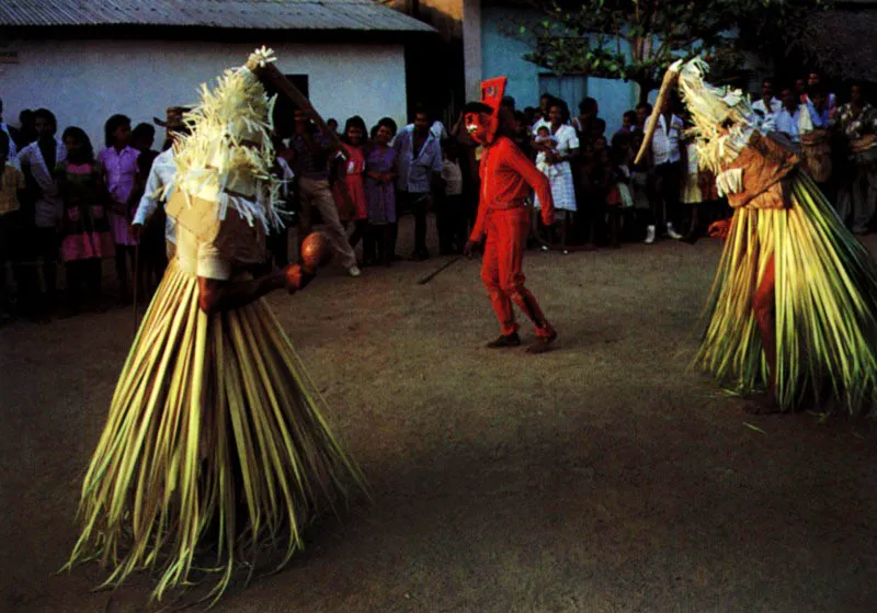 A orillas del río Magdalena cuentan de una mujer que, vestida con las plumas de una cucamba pegadas al cuerpo con miel, retó al Diablo a adivinar su nombre de pájaro. En la danza, el Diablo fracasa en su lucha por desplumar a la cucamba. El Banco, Magdalena. Jeremy Horner