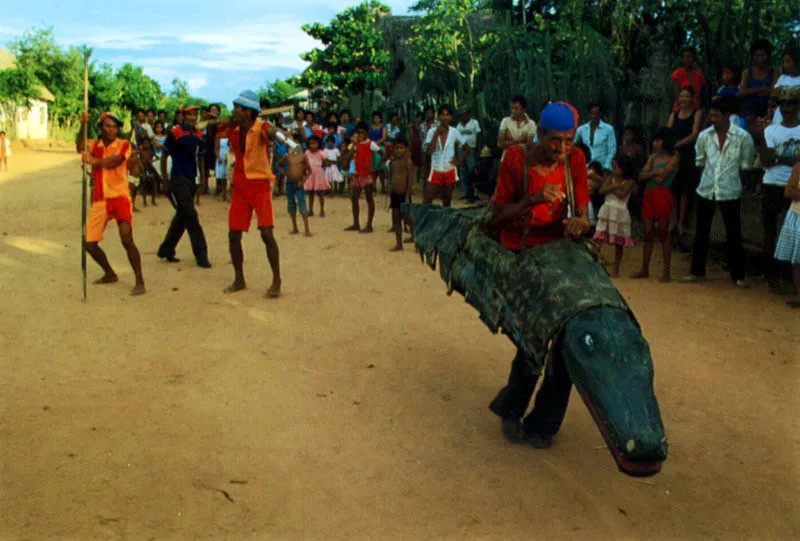Danza del caimán. Carnaval, río Magdalena.
Danza de hombres que asedian a las mujeres.
El caimán se torna en símbolo fálico. Dice la copla:
Ese maldito caimán / se ha comido a mijitica.
Mijita linda ¿dónde está tu hermana?
¡El caimán se la comió! Jeremy Horner