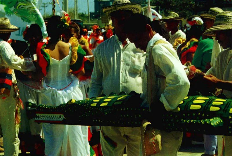 Danza del caimn. Carnaval, ro Magdalena.
Danza de hombres que asedian a las mujeres. 
El caimn se torna en smbolo flico. Dice la copla:
Ese maldito caimn / se ha comido a mijitica.
Mijita linda dnde est tu hermana?
El caimn se la comi! Jeremy Horner