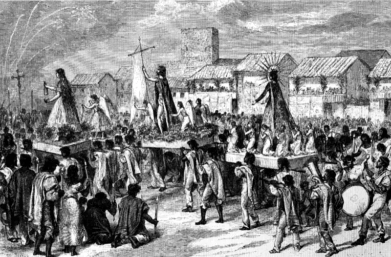 Procesión del domingo de pascua en Popayán. Dibujo de Sirouy.
15.7 x 23.4 cm. Tomado de L’Amérique Equinoxiale. M. André. Barcelona, 1884. Biblioteca Nacional, Bogotá. Jeremy Horner