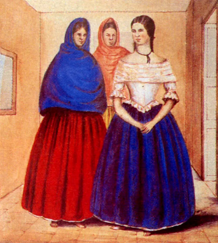 Ñapangas de Popayán.
Manuel María Paz, 1853.
Acuarela. 20.9 x 17.3 cm. El poeta colombiano Rafael Pombo les cantó a las ñapangas:
Ñapangas que por modelo
las quisiera un escultor
giraban al resplandor
de las lámparas del cielo.
De indianas y de españolas
las perfecciones lucían,
lindas ¡ay! que parecían
enamorarse ellas solas.
El poeta chileno Julio Barrenechea cantó: Como si no se moviera / ni despacio ni ligero / hay que ver entre dos pasos / a la negra del sahumerio. / y trescientos años hace / que viene la misma negra /con su traje de ñapanga/como si no se moviera. /
Jeremy Horner