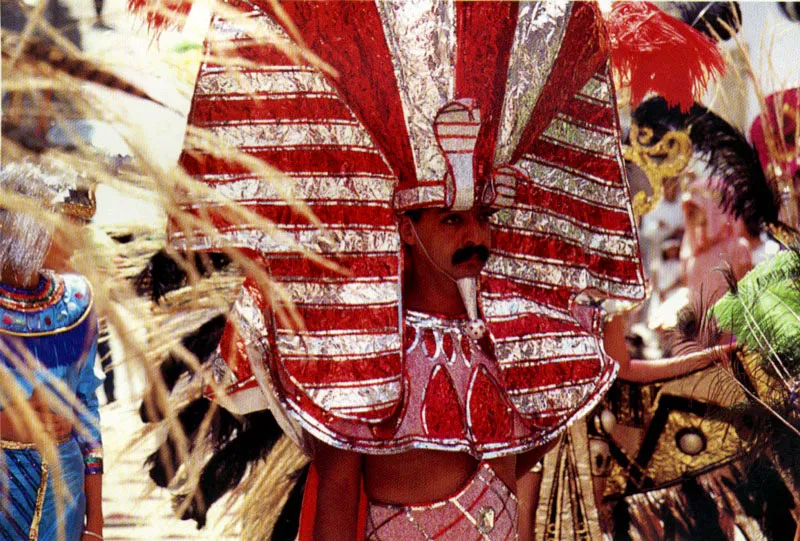 Muchos riosuceños que viven en distintos lugares en Colombia, preparan comparsas rutilantes y cantares de cromatismo teatral y literario para asistir cada dos años a la fiesta en su tierra natal. Al fin volvimos a ver la fiesta / erguir luciente cual siempre fue, / llenos de alegría / paz y alegrías / rica ambrosía, / panal de miel. Letra Andrés Trejos Correa.
Carnaval del diablo, Riosucio, Caldas. Jeremy Horner