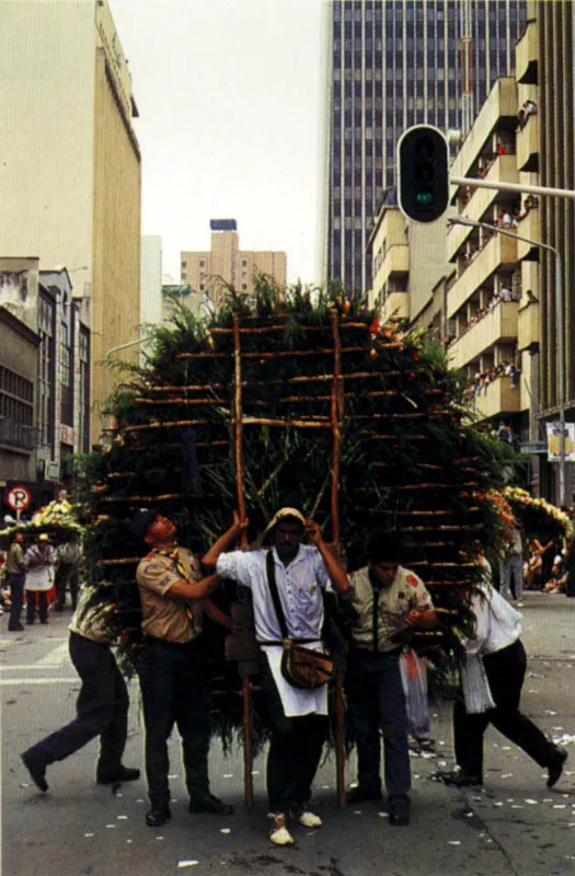 Desfile de silleteros en Medellín, Antioquia, la ciudad de la eterna primavera. Tradicionalmente los silleteros habían sido solamente hombres que desfilaban con silletas, algunas de la cuales medían más de cinco metros de altura. Jeremy Horner