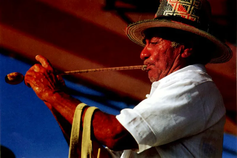 Los indios Wayu de La Guajira se distinguen por la particularidad de sus instrumentos musicales y por la manera de tocarlos. En todas sus fiestas aparece la isira o maraca esfrica; la kasha o tambor cilndrico de dos membranas percutido con dos baguetas; la timbirimba guimbarda o birimbao, aro metlico al que va soldado un fleje de acero que se hace vibrar, y la maasi, flauta traversera de lengeta libre con orificios digitales. Jeremy Horner