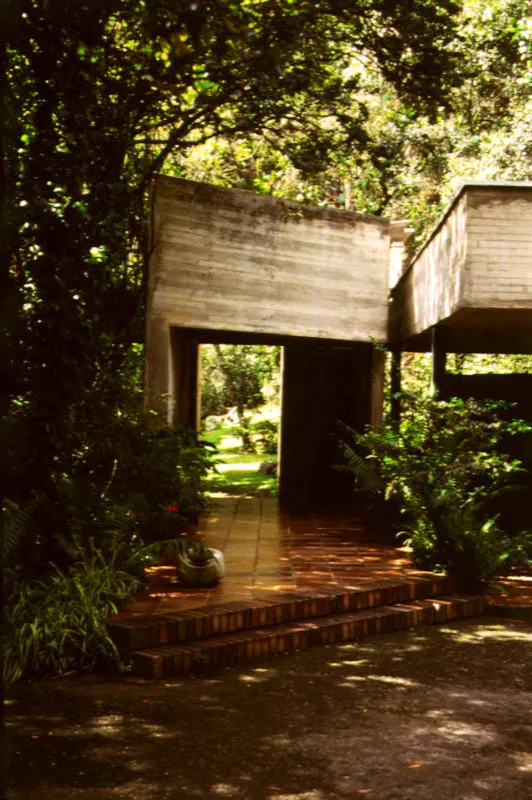 El manejo tosco de los volœmenes de concreto en el exterior de la casa contrasta con el pulido trabajo de las superficies en el interior. La abundante vegetación incorporada a la arquitectura recibe luz natural a través de claraboyas de diversas formas que se integran como parte de la composición general del espacio. / Bogotá, D.C. Arquitecto, Luis Kopec.