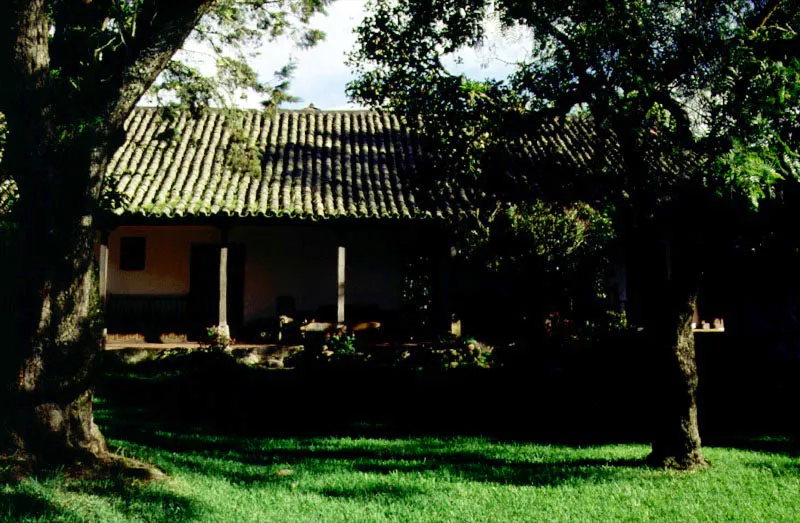 Baza, Valle de Tenza, Boyacá.
Una casa que “deja existir” el campo en torno suyo, a la manera de las alquerías árabes andaluzas. Nótese, abajo a la izquierda, la variante usual en Boyacá de la armadura de cubiertas en “par y nudillo” técnicamente primitiva, realizada usando maderas rollizas excesivamente delgadas a modo de pares. Estas, muy flexibles pero livianas
y baratas, se curvan bajo el peso del
tejado, y requieren riostra o jabalcones (más rollizas) apoyados en los tirantes, para sostenerlas. Tan confuso sistema artesanal refleja lo pintoresco de la ignorancia técnica
y lo divertido de
la improvisación.
A la derecha, el
acceso al patio es
un indudable acierto arquitectónico, reflejo del arte de saber entrar a los lugares.