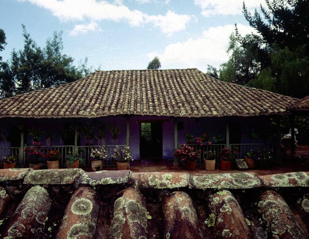 Casa de Teja, Guasca, Cundinamarca. Construida a finales del siglo XVIII o comienzos del XIX. Además del gracioso apodo andaluz,
común en el sur de Andalucía (donde
se usa para distinguir las edificaciones
rurales de tejado de
las que tienen techos planos en terraza),
la casa conserva una versión campesina
de armadura de cubierta en par y nudillo de buenas proporciones en la
cual hasta los tirantes transversales y los cuadrales (piezas diagonales en las esquinas) son maderas rollizas, con soporte de tejado en “chusque”. Al igual que Gotua, en Boyacá, Casa de Teja es un ejemplo de arquitectura reducida a lo esencial, a un mínimo que no por serlo carece de gracia ambiental.