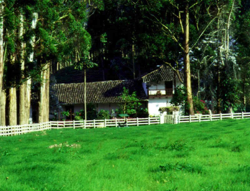 El Puesto, La Ceja, Antioquia. 
Construida a mediados del siglo XVIII por el Alfrez Real Felipe Villegas y Crdoba, la casa ofrece rasgos volumtricos y tecnolgicos presentes tambin en las casas de la misma poca en el Cauca y Valle del Cauca, quitndoles validez a las tipologas que asocian determinadas formas arquitectnicas con algunas regiones neogranadinas en particular. Ntese el realce volumtrico en el segundo piso a manera de mirador, provisto de un balcn en voladizo (y no rehundido) y la galera exterior en el piso bajo. 
Son escasas las casas de hacienda de la regin antioquea que conservan su localizacin y espacio circundante como ocurre en este caso, y que no han sido transformadas hasta perder por completo sus componentes arquitectnicos originales. La presencia de la casa de El Puesto en su paisaje es ejemplar.  