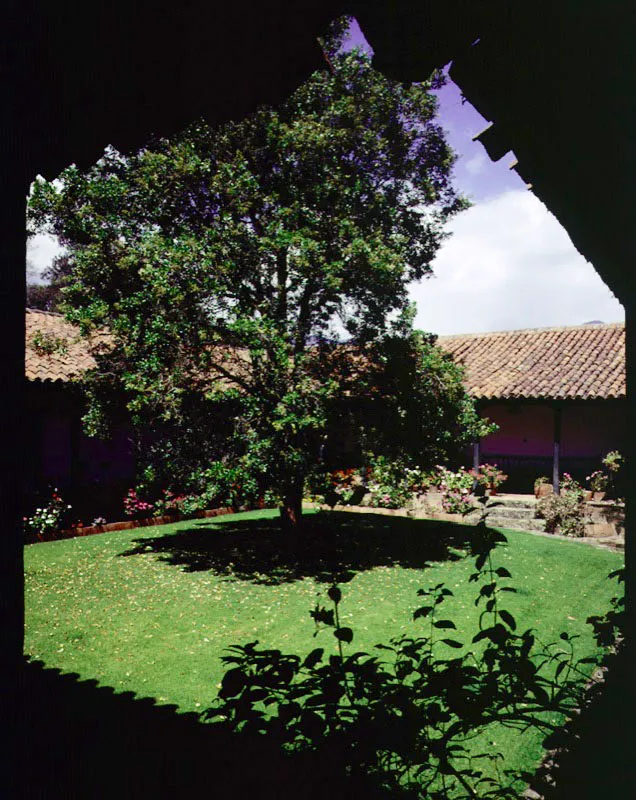 Polmerán, Sotaquirá, Boyacá.
Este es otro ejemplo de arquitectura ambigua. Puede ser, indistintamente, una casa enteramente moderna, construida con algunos elementos constructivos tradicionales, como serían las armaduras de cubierta en par y nudillo, o una casa comparativamente antigua pero recientemente ampliada y reformada en gran medida. La amplitud del patio interior y la manufactura de las armaduras de cubierta ilustradas, que se aparta de las usanzas artesanales de la región, ejemplos de las cuales se ilustran en otras páginas de este volumen, así lo indican. Como quiera que ello sea, en este género arquitectónico, y en las presentes circunstancias, el fin (lograr un ambiente grato y hermoso) justifica los medios.