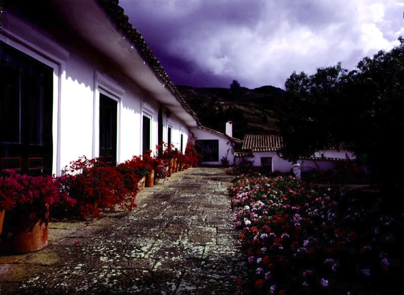 Alcalá, Samacá, Boyacá.
La casa data en su primer tramo del siglo XVIII, pero fue ampliada y reconstruida durante
el XIX. Es como Villa del Rosario, un caso limítrofe, en el cual la construcción original ha perdido calidades arquitectónicas originales a través
de sucesivas transformaciones, pero retiene algunos rasgos espaciales y ambientales. Nótese el uso moderno de un acabado de época republicana, el papel de colgadura.