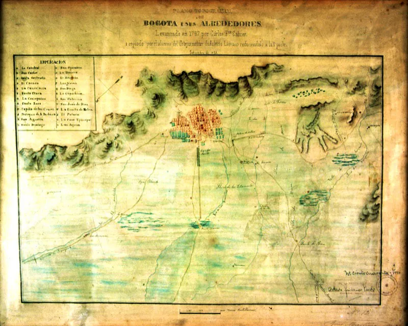 Plano topogrfico de Bogot y sus alrededores, levantado en 1797 por Carlos Francisco Cabrer. Copiado por Indalecio Livano. 1853. Archivo General de la Nacin, Bogot. 