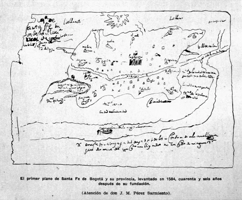 Mapa de la Provincia de Santaf, incluido en una peticin presentada al Consejo de Indias por el cacique de Turmequ, don Diego de Torres, en 1586. Es el mapa ms antiguo que se conoce de la provincia.  