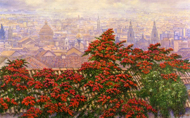 Las flores han representado una interesante y vivaz constante obra de numerosos pintores colombianos como Gonzalo Ariza, paisajista por oficio y jardinero por devoción, quien ha captado el aire colonial del Barrio La Candelaria, el el corazón de Bogotá, enmarcado por flores. Oscar Monsalve