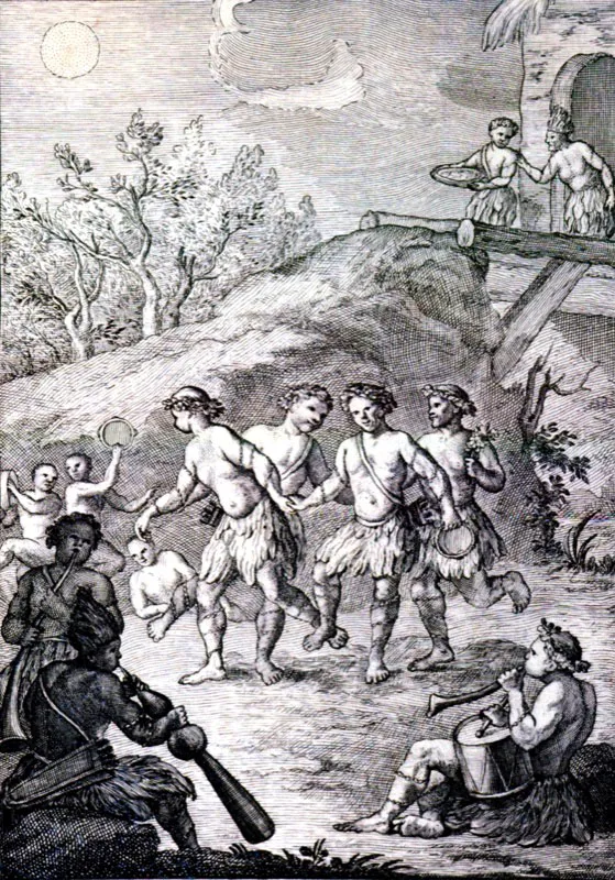 El grabado representa el baile de los indios mapuyes, segn J. Gumilla, en "El Orinoco Ilustrado",  publicado en Barcelona en 1791. Oscar Monsalve