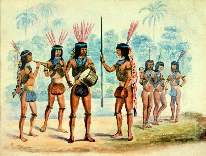 Acuarela de Manuel Mara Paz sobre los indios correguajes del Caquet, con sus guirnaldas de flores pendiendo de la cabeza, obra que forma parte de la coleccin de acuarelas de la Comisin Corogrfica que conserva la Biblioteca Nacional en Bogot.  Oscar Monsalve