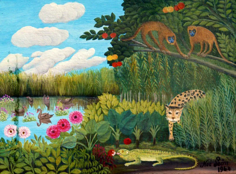Las flores acechadas por iguanas, tigres salvajes y otros animales en una primitiva visión de la selva colombiana por Noé León, son representativas de la diversidad estilística como se ha pintado la flor en Colombia. Cada artista ha sentido las flores de una manera personal. Oscar Monsalve