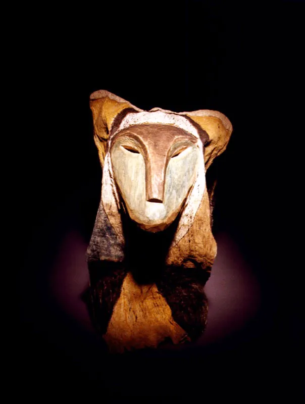 Mascara ceremonial, elaborada con los mismos materiales , que simboliza al jaguar, el animal más importante en la simbología indígena.