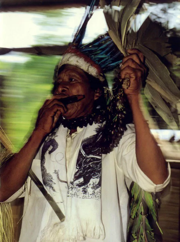 Viejas tradiciones
asimilan nuevas influencias en la danza de un
indio Huitoto del Caquetá, que añadió la armónica a su
canto e incorporó la bufanda del vaquero a su cultura de la selva.
Aldo Brando