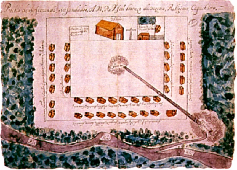 Plano del pueblo de San Fernando
31.2 x 34.5 cm.
Archivo de Indias
El pueblo de San Fernando en la provincia de Cumaná fue fundado por el religioso capuchino fray Lorenzo de Saragosa.