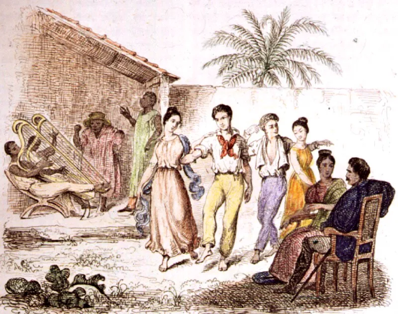 Baile criollo en Cumaná
Dibujo de M. de Saisson y J. de Bailly
Grabado de Bayer
11 x 11.8 cm
Tomado de Voyage Pittoresque dans les deux Amériques. París, 1836
Biblioteca Luis Angel Arango, Bogotá.