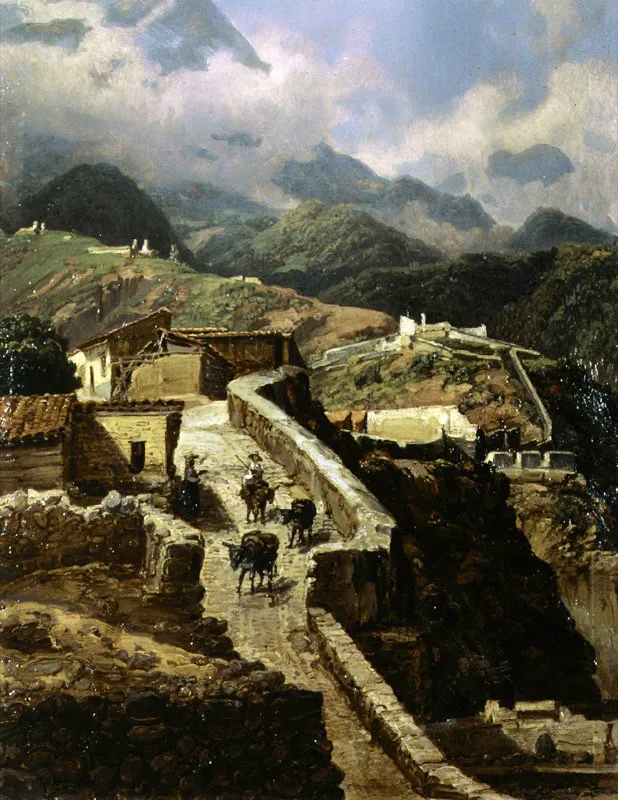 Calle de La Guaira
Ferdinand Bellerman, 1843-1845
Oleo sobre cartulina
32.3 x 25.9 cm
Museos Estatales de Berln.  Las trincheras de La Guaira fueron una sentida necesidad de los vecinos de Caracas, quienes durante el siglo XVII reclamaron a Espaa el tenerlas relegadas a un segundo plano y expuestas al arbitrio de los piratas, a pesar del sistema econmico mercantilista de monopolio de comercio con la metrpoli y la prohibicin de comercio extranjero y provincial. 