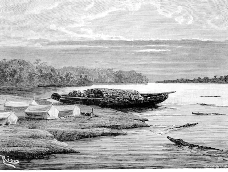 Campamento en la punta de una isla
Dibujo de Riou
10 x 15.7 cm
Tomado de Voyages dans lAmrique du sud. J. Crvaux. Pars 1883.  