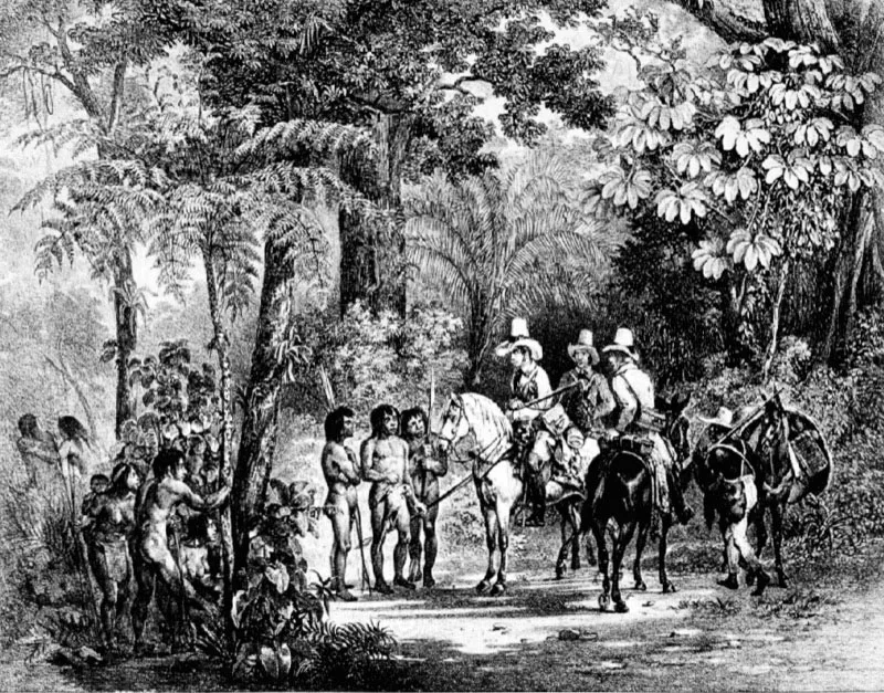 Encuentro de los indios con los viajeros europeos
Juan Mauricio Rugendas
Litografía
Voyage Pittoresque, Sección III, lámina 1
Museo Nacional, Bogotá.