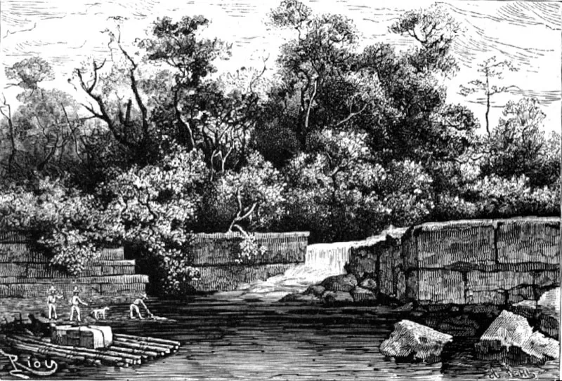 Desembarco
antes de una cascada
Dibujo de Riou
8 x 12 cm
Tomado de Voyages dans l’Amérique du Sud. J. Crévaux. París, 1883
Biblioteca Luis Angel Arango, Bogotá.
