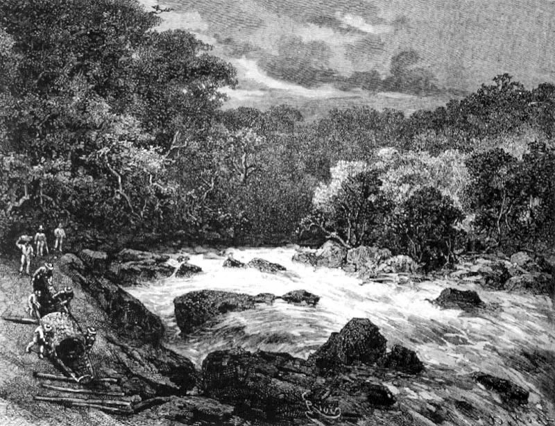 Transporte de una canoa a uno de los raudales del Maipure
Dibujo de Riou
11.8 x 15.8 cm
Tomado de Voyages dans l’Amérique du Sud. J. Crévaux. París, 1883
Biblioteca Luis Angel Arango, Bogotá.
