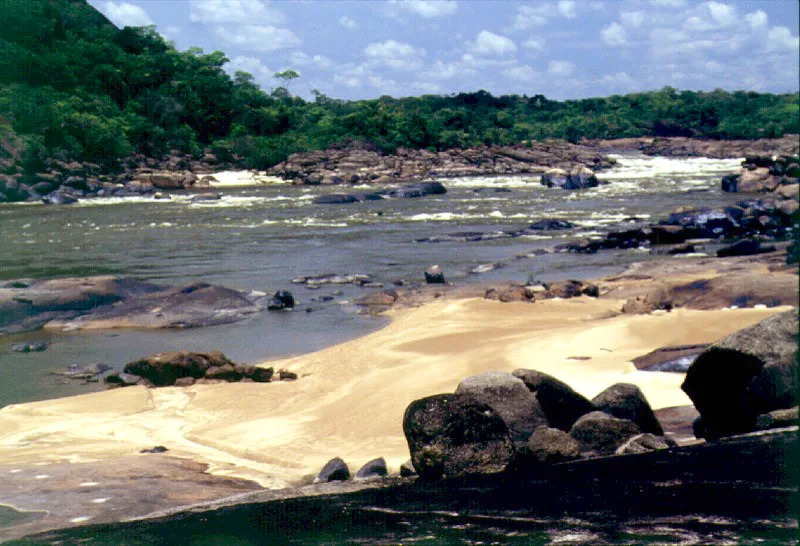 Raudal de Maipures en el río Orinoco.
El raudal de Maipures, que forma una serie de feroces cataratas y de remolinos que impiden la navegación a lo largo de cinco kilómetros, representó para Humboldt una de las maravillas del mundo. Aquí y allá se encuentran grandes peñascos que parecen depositados por el azar, cascadas de aguas enfurecidas, remolinos que se abren y se cierran y forman una nube de pequeñas gotas de agua, que se levanta y humedece todo a su paso.