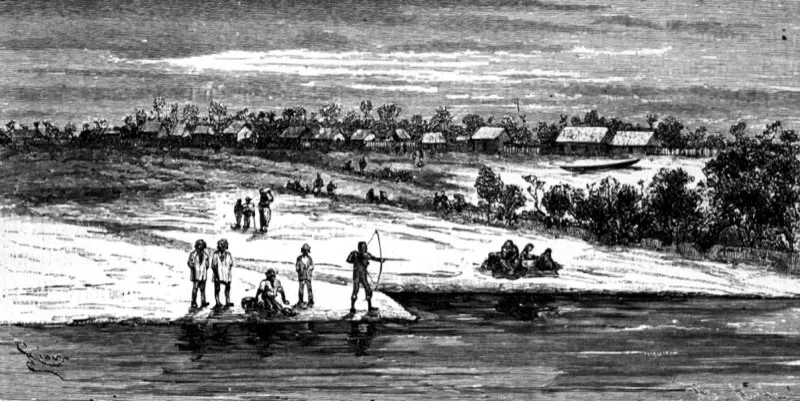 La población de San Fernando sobre el río Atabapo
Dibujo de Riou
7.8 x 16 cm
Tomado de Voyages dans l’Amérique du Sud. J. Crévaux. París, 1883
Biblioteca Luis Angel Arango, Bogotá.
A la altura de San Fernando se juntan los ríos Atabapo, Orinoco y Guaviare. El primero trae aguas de color ámbar, el segundo de color ocre y el tercero de color rojizo.
Humboldt dejó el río Orinoco y remontó el Atabapo, camino de una trocha que habría de conducirlo finalmente al Río Negro.
Dentro de los antecedentes del viaje de Humboldt al Orinoco está la Expedición de Límites en que participó como botánico Pehr Löfling, quien entre 1754 y 1756 realizó importantes estudios para la historia natural del nuevo mund, en compañía de los jóvenes dibujantes científicos Bruno Salvador Carmona y Juan de Dios Castel, quienes dejaron una valiosa colección de dibujos de plantas y animales del área.