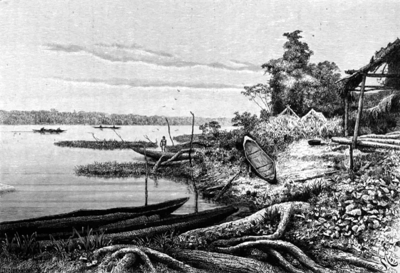 Riberas del Orinoco.
Dibujo de Riou
15.8 x 23.7 cm
Tomado de Voyages dans l’Amérique du Sud. J. Crévaux. París, 1883