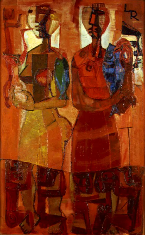 Pareja en rojo 
con peces
Oleo sobre madera
1968
110 x 70 cm. 