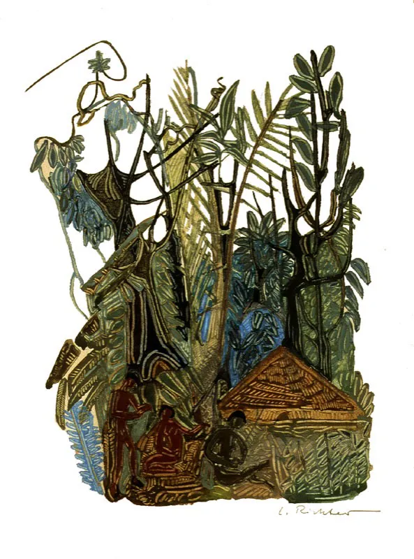 Bosque con maloca
Témpera sobre papel
Década del 50
54 x 40 cm.