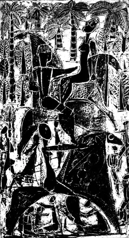 Izquierda,
Indios colorados amansando caballos
Crayola sobre papel
1962
66 x 38 cm.