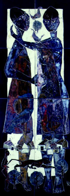 Pareja con jaguar
Esmalte sobre 
baldosa cermica
1979
138 x 52 cm. 